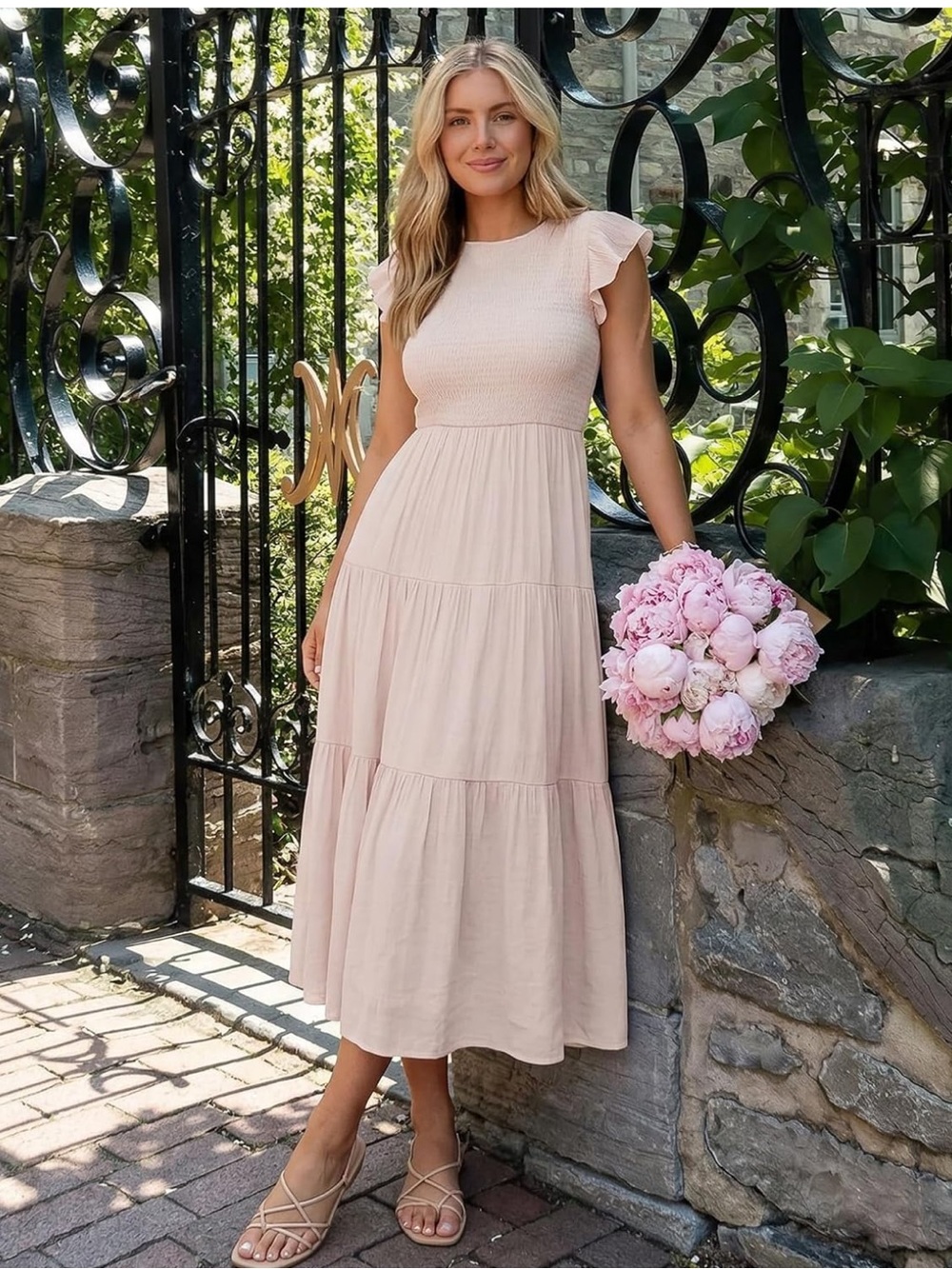 Women's Apricot Ruffle Sleeve Tiered Midi Dress